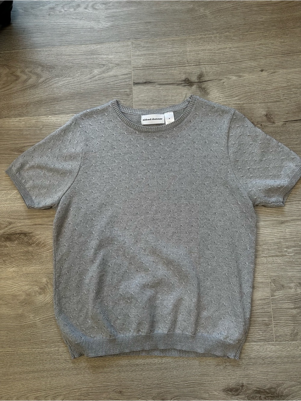 Alfred Dunner Metallic Silver Short Sleeve Sweater Size M Cable Knit Shimmer